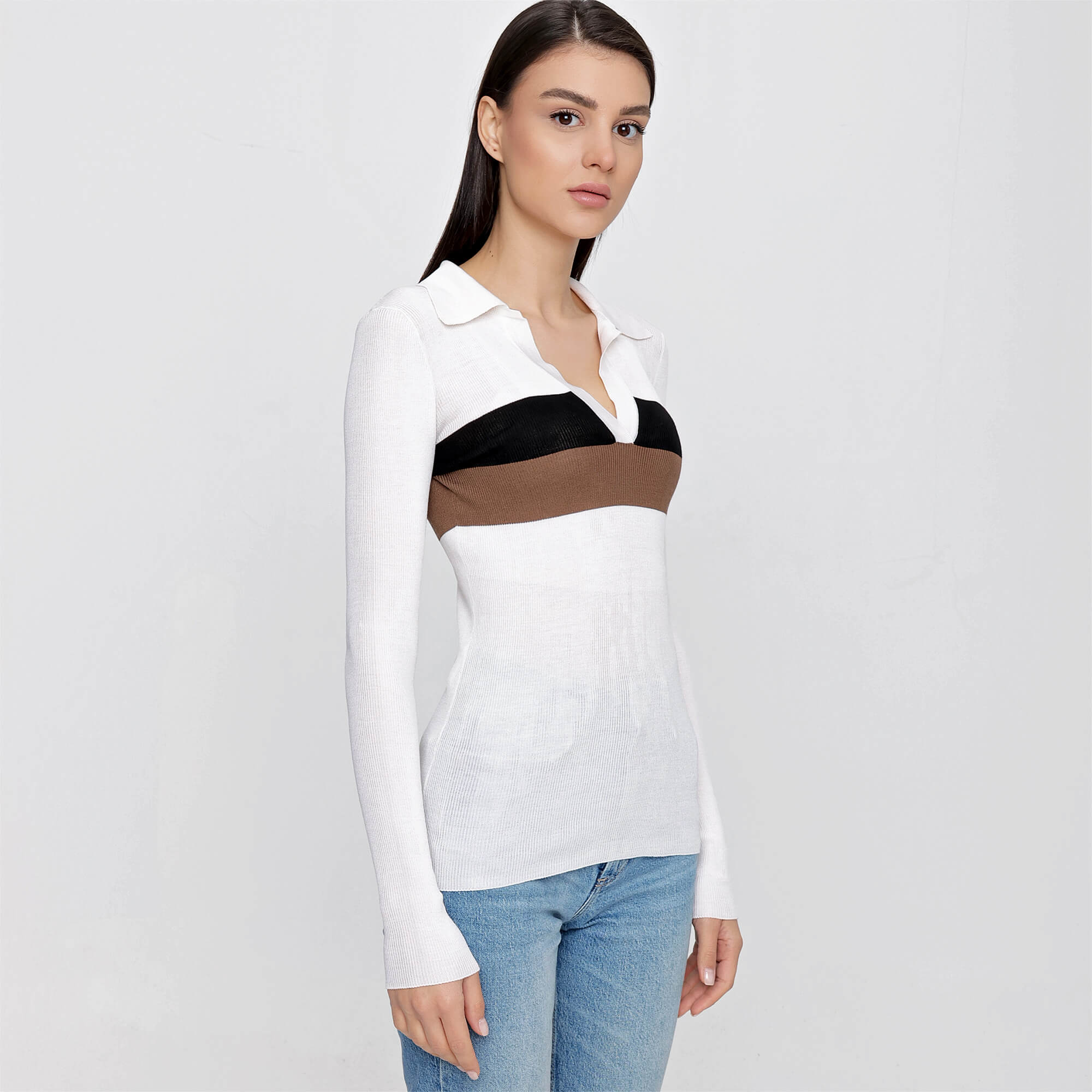 FENDI - White Collared Knit Black Striped Silk Sweater